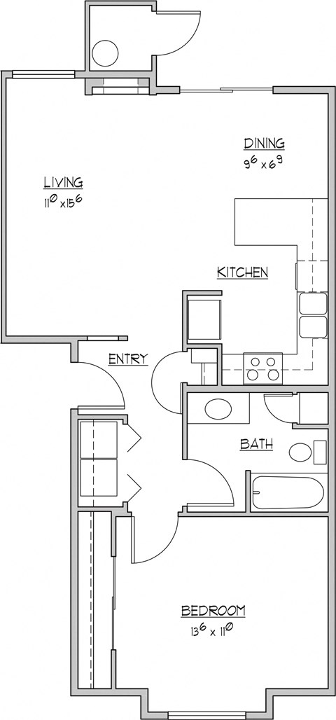 Floor plan for 1 bed, 1 bath, 758 sqft